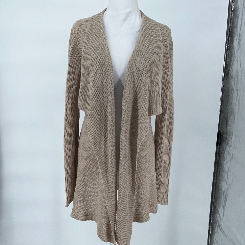 Eileen Fisher Sweater S/P Oatmeal Brown 100% Wool Waterfall Cardigan Open - Picture 3 of 10